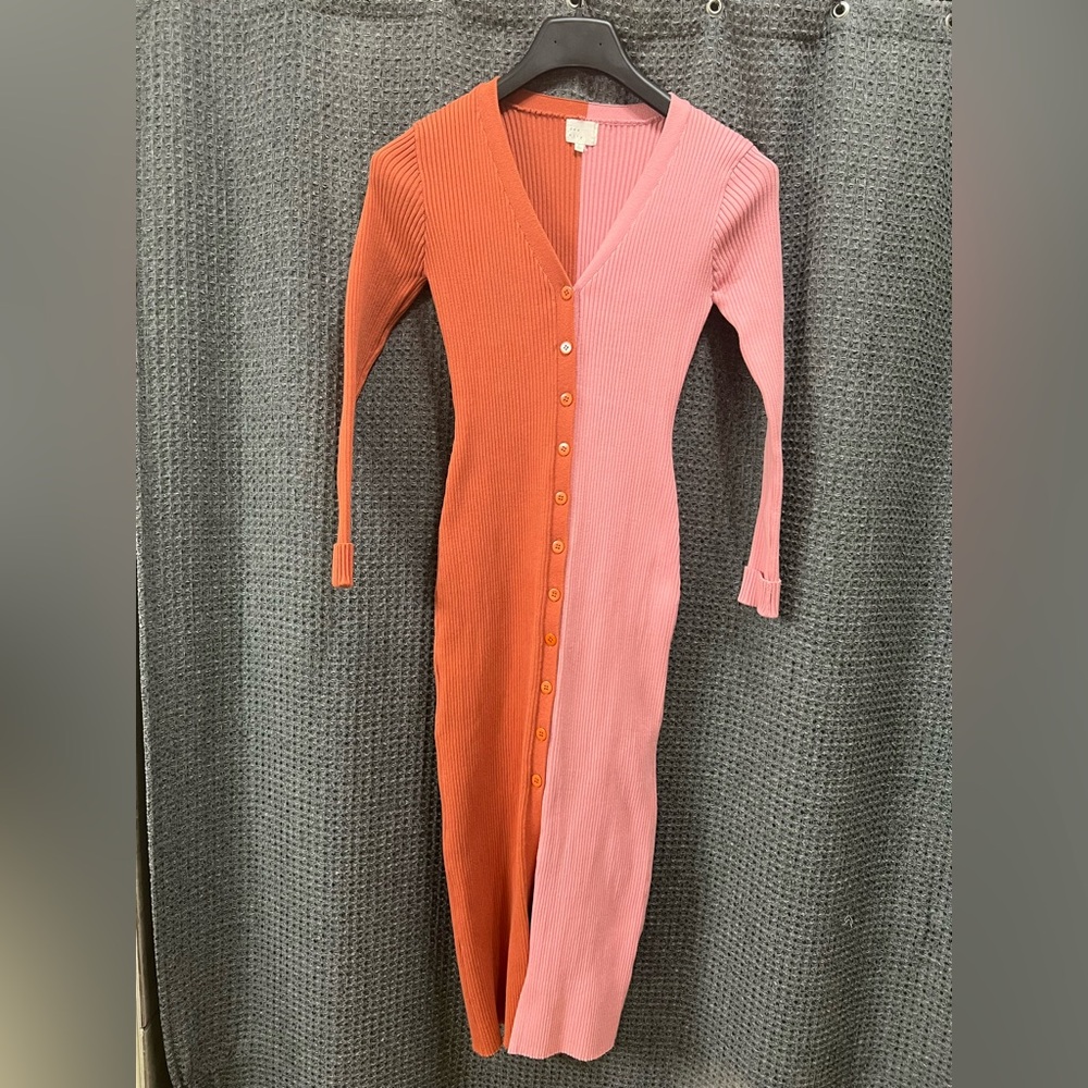 Dee Elly Pink Orange Sweater Button Front Midi Dress Size small